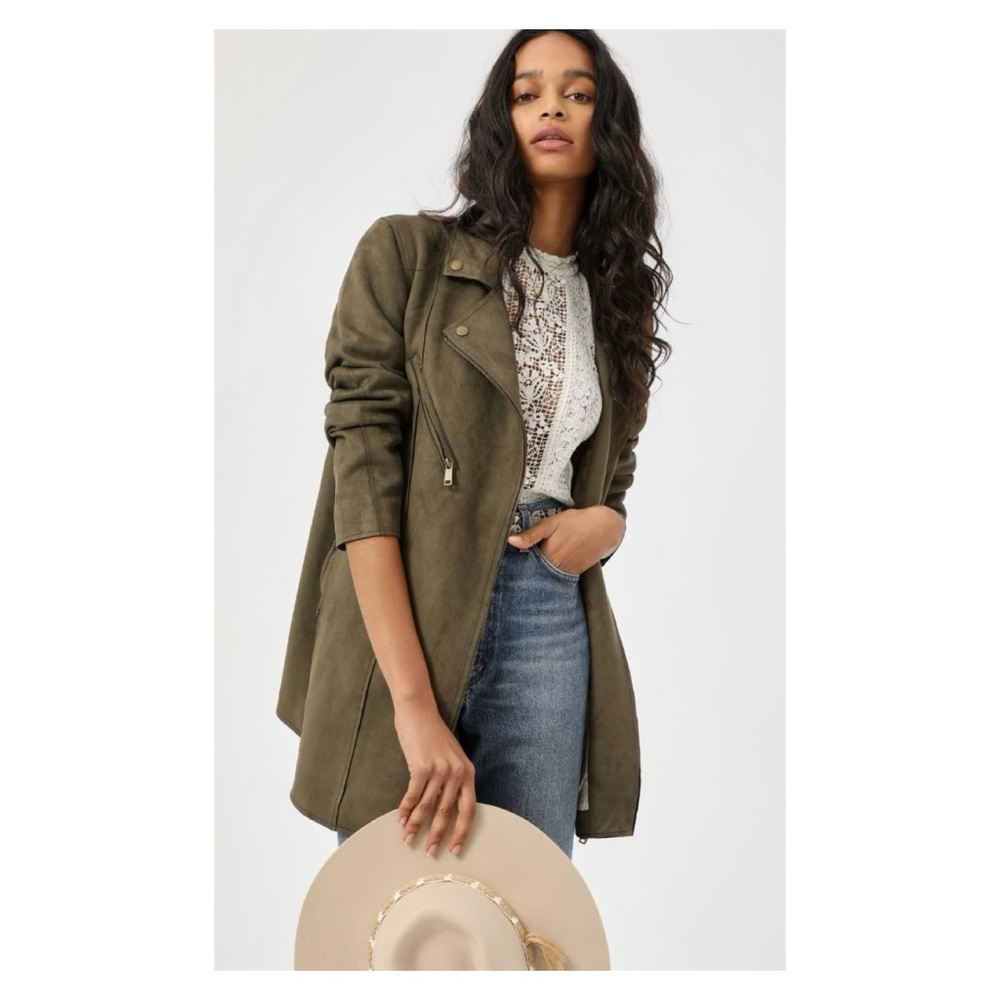 NWOT Anthropologie Ripley Sueded Longline Moto Jacket in Dark Green Size Small